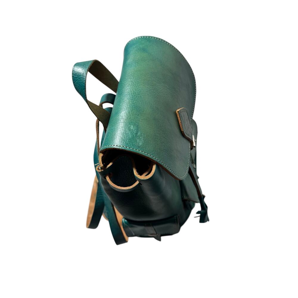 Vintage Backpack Bag Womens Teal Green Leather Rucksack Drawstring Buckle Pocket - Picture 8 of 16